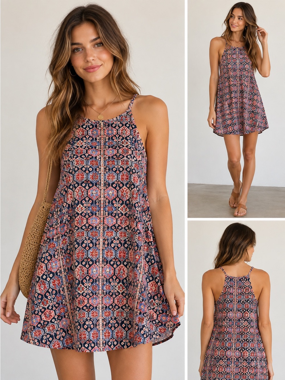 Forever 21 Boho Geometric Print Swing Dress Navy Red Size S